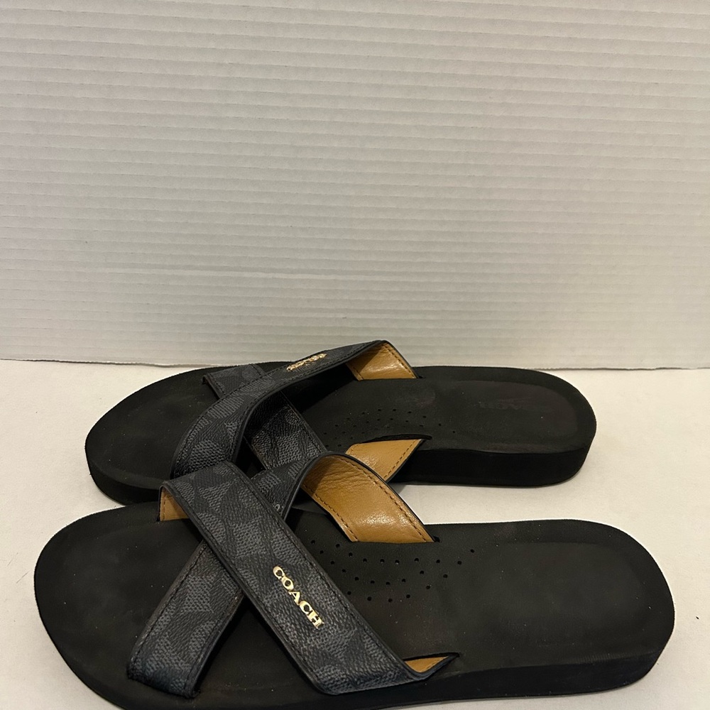 Coach Women's Black & Brown Signature Cross-Strap Slide Sandals - Picture 6 of 9